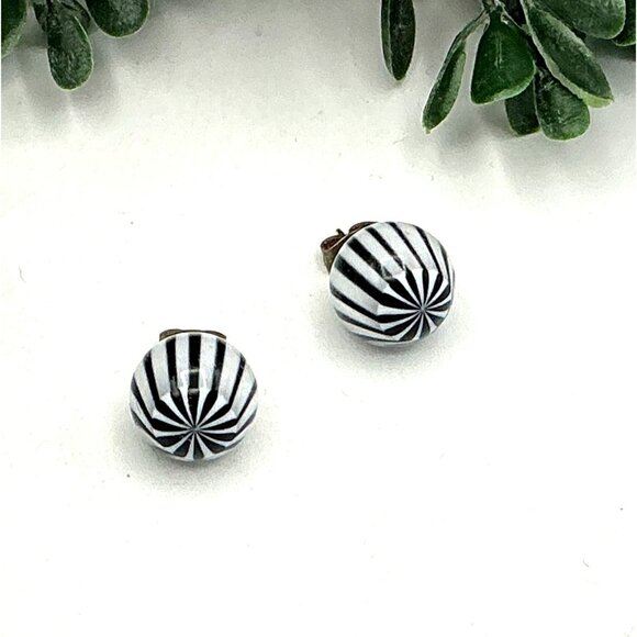 Striped Black & White Round Stud Earrings - Picture 1 of 6